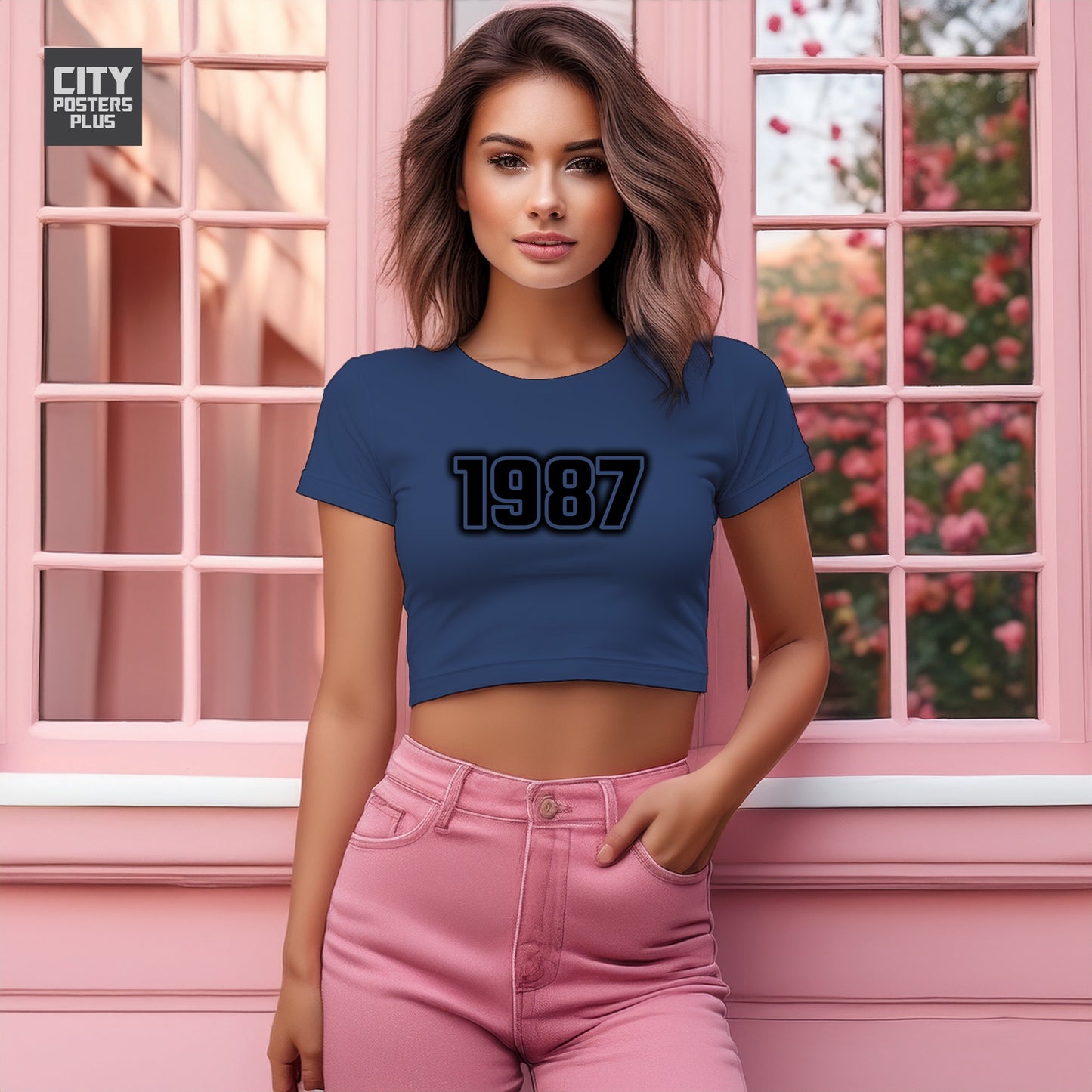 1987 Year Women Crop Top (Navy Blue)